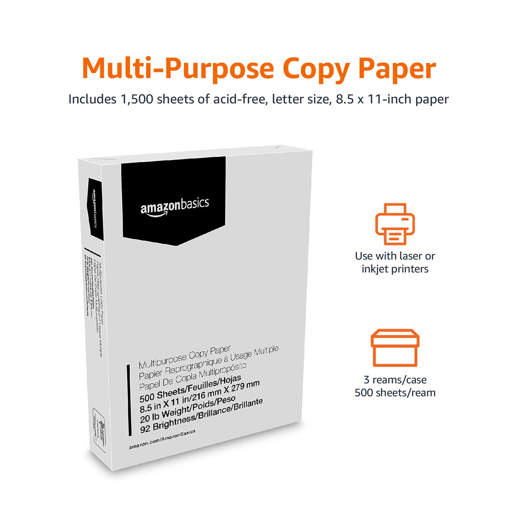 Amazon Basics Multipurpose Copy Printer Paper, 20 lb, 8.5 x 11 Inches, 3 Reams (1,500 Sheets), 92 Bright White for Home Use