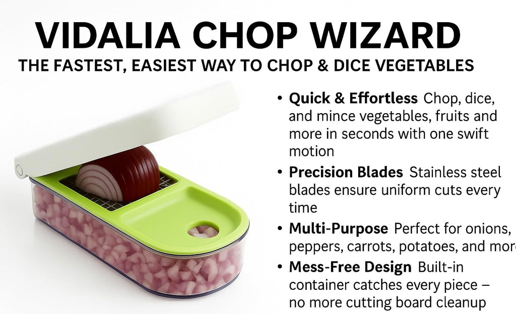 Vidalia Chop Wizard, Vegetable and Fruit Chopper with 2 Cup Base, Stainless Steel Blades, Dishwasher Safe