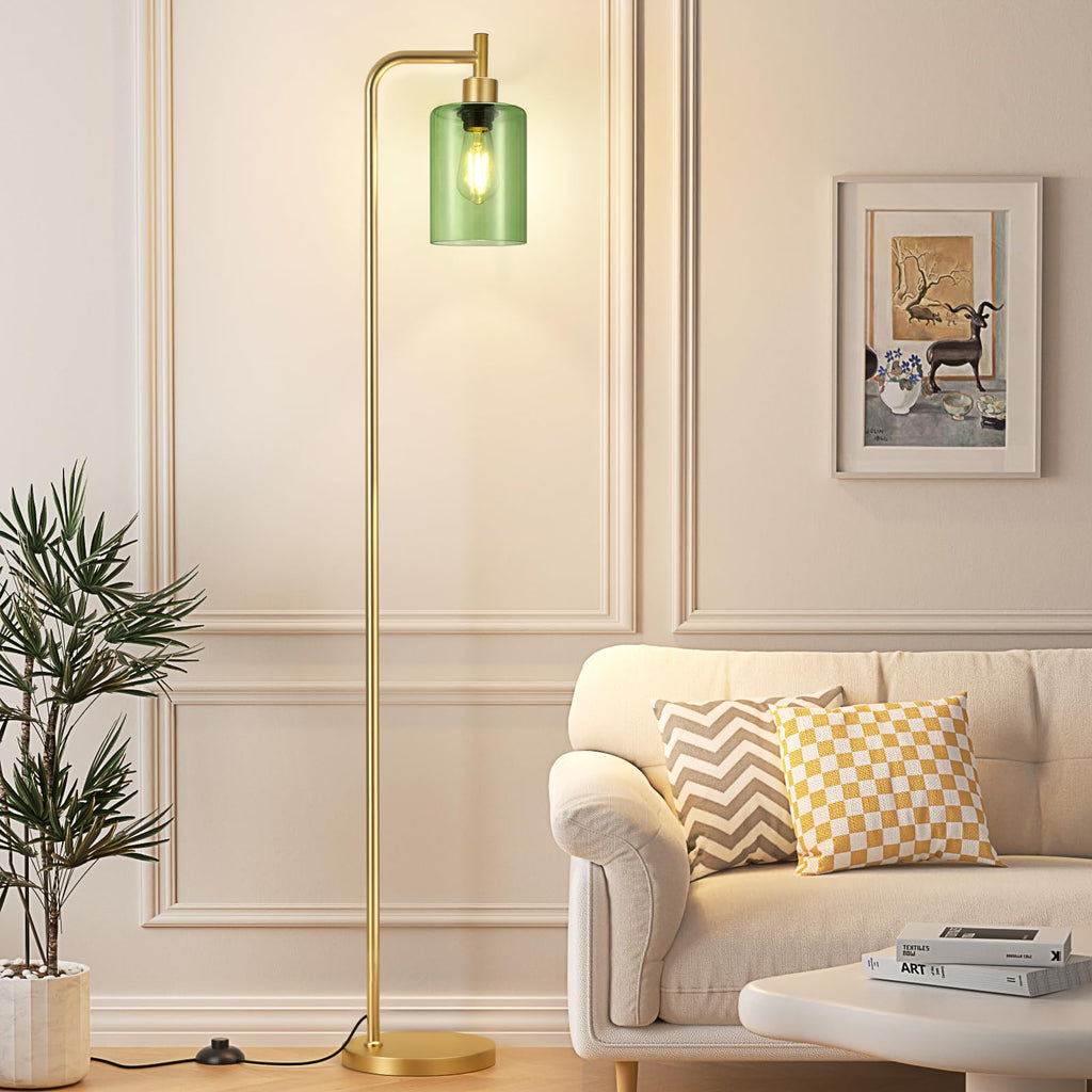 Ziisee Floor Lamps for Living Room - Industrial Standing Lamp with Green Glass Shade, Modern Gold Floor Lamp with LED Bulbs, Farmhouse Floor Lamp for Bedroom, Tall Lamp for Office