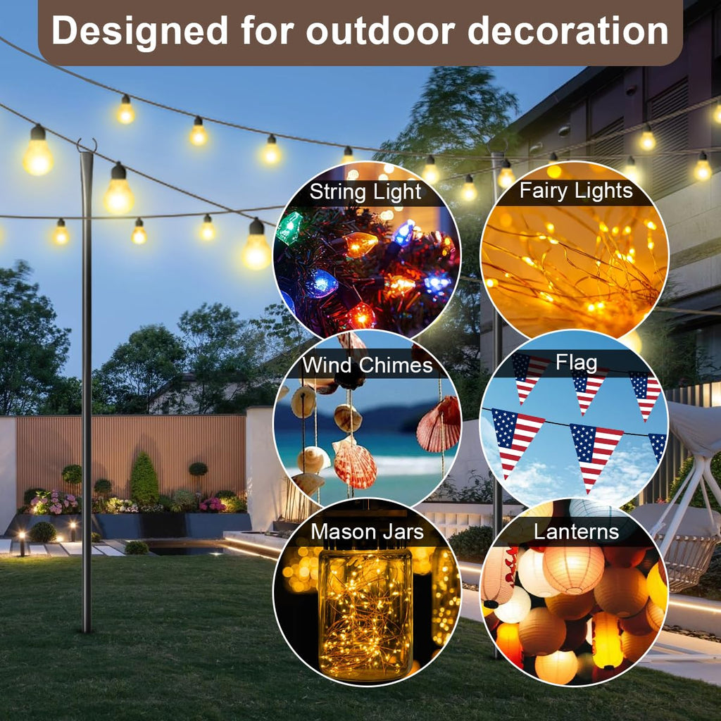 MuliVid 4 Pack String Light Poles for Outdoor,Metal Light Hanging Pole Outside with Fork,Light Stand for Patio, Pergola, Garden, Backyard, Yard, Camping Party (4 Pack)