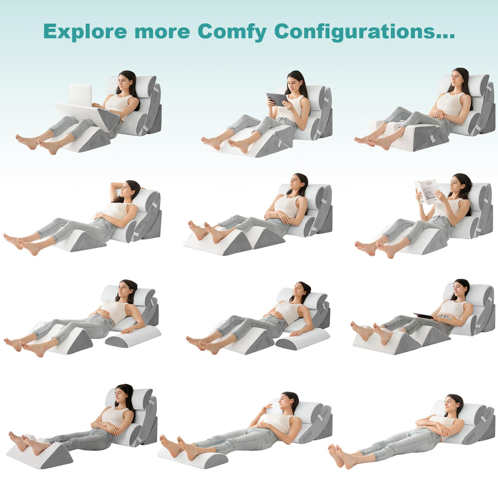 Hansleep Bed Wedge Pillow Set for After Surgery 6PCS, Post Surgery Pillow for Sleep Apnea and Acid Reflux Relief, Adjustable Reading Pillows Back Support with Memory Foam, White, 23"