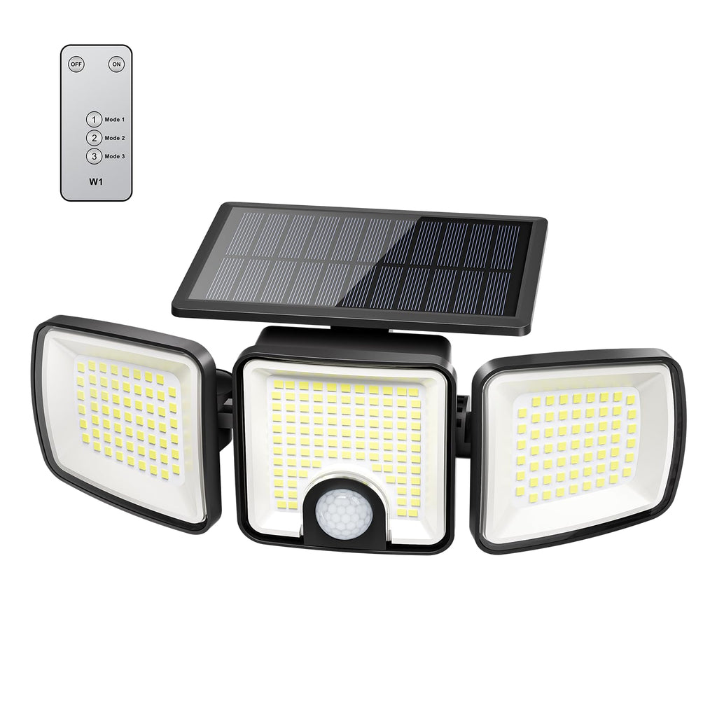 Brightown 4 Pack Solar Outdoor Lights, 2500LM 223 LED Solar Flood Outdoor Lights with Motion Sensor 3 Modes, 3 Head 270° Wide Angle Street Area IP65 Waterproof Security Wall Lights with Remote