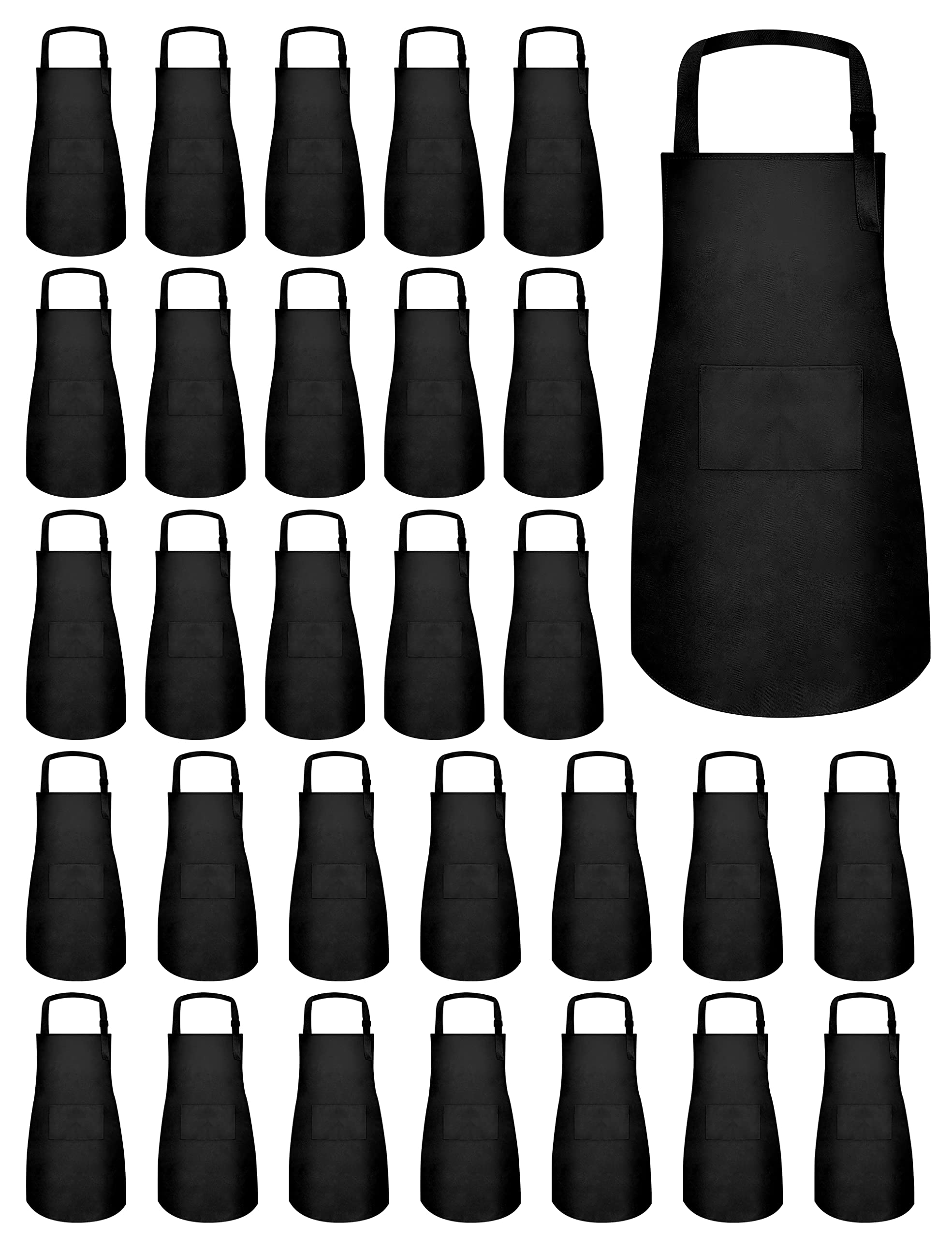 ZLEVEAYN 30 Pcs Kids Apron Bulk Adjustable Children Bib Aprons with Pockets for Girls Painting Kitchen Cooking Baking (Black, L)