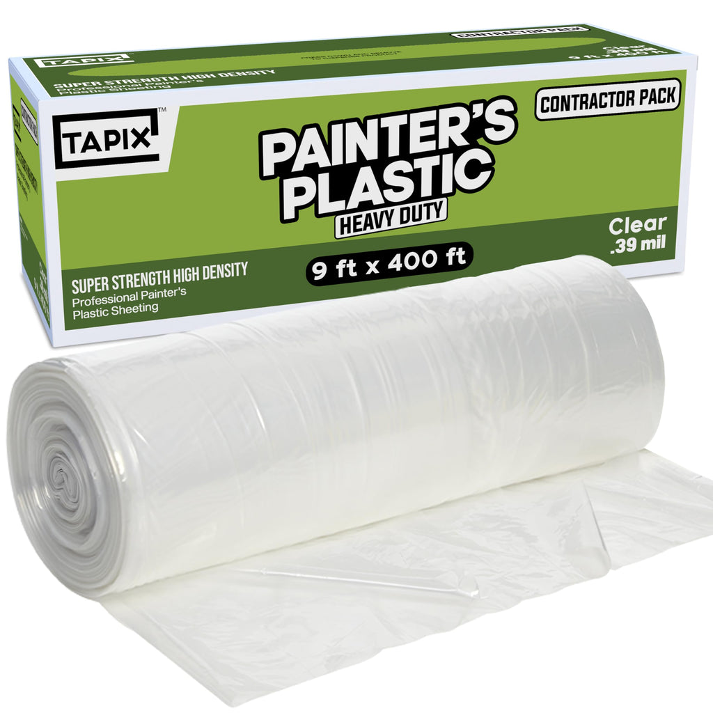 Painter's Plastic Film Heavy Duty 0.39 mil, 400' Length x 9' Width High, High Density Painters Plastic Sheeting Roll in Box with Dispense Hole for Easy Paint Plastic Covering