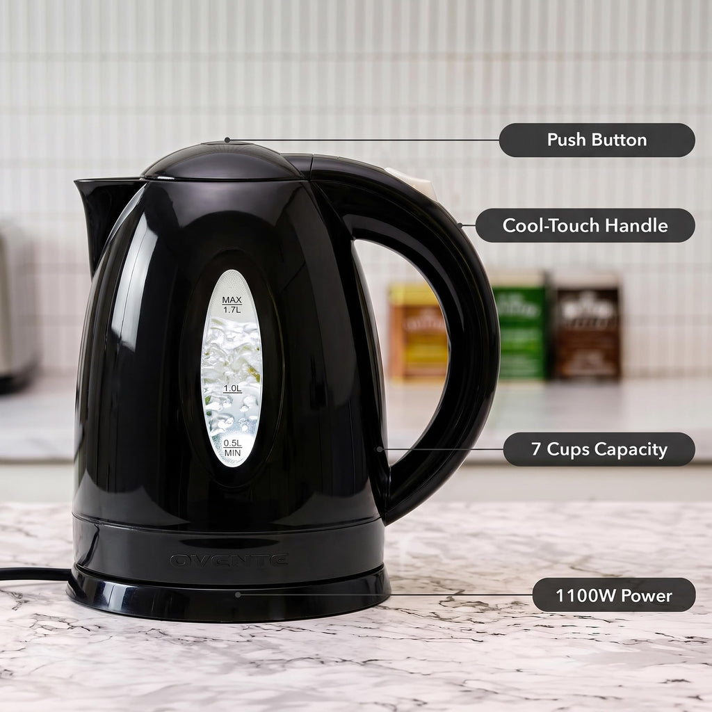 OVENTE 1.7L Electric Tea Kettle, Fast Boiling Water Heater, Black KP72B