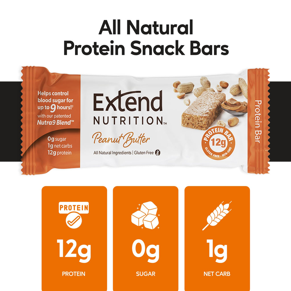 Extend Sugar Free Protein Bars, Perfect Diabetic Snacks, High Protein and Fiber, Hunger Control & Steady Energy, Low Carb, Keto Friendly (Peanut Butter)