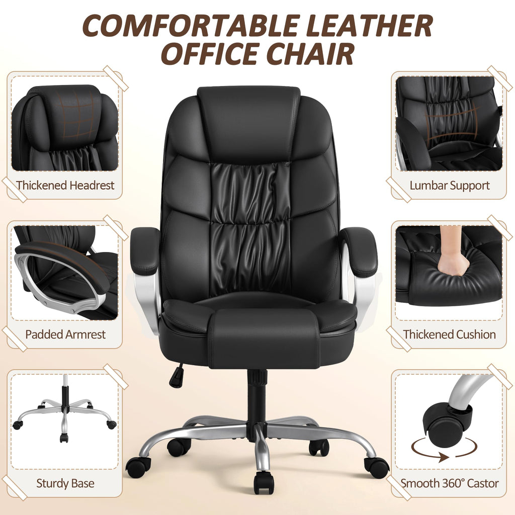 Homall High Back Ergonomic Desk Chair, PU Leather Adjustable Height Modern Executive Swivel Task Chair with Padded Armrests and Lumbar Support (Black)