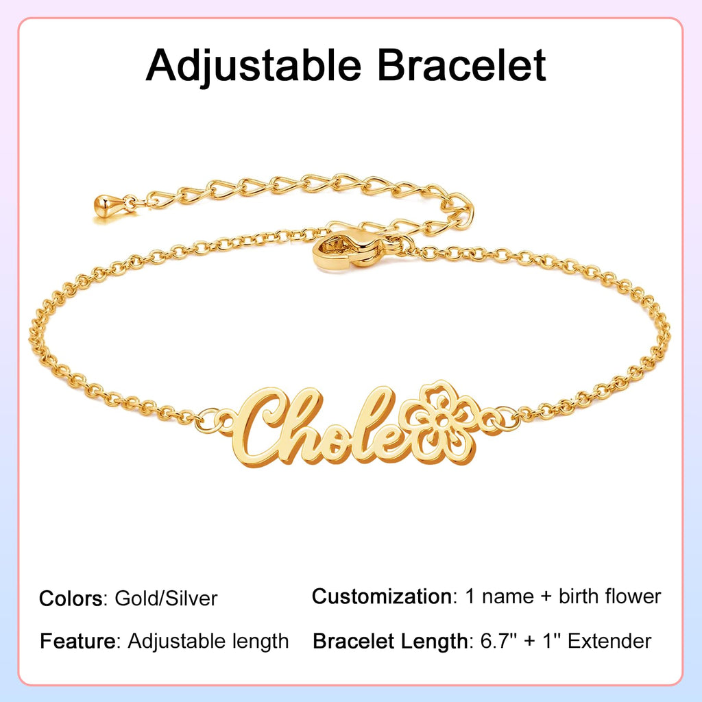 Elemtansy Custom Bracelet with Name and Birth Flower, Personalized Name Bracelets for Women, 18K Gold Plated Adjustable Charm Bracelet Personalized Birthday Gifts for Sister Mom