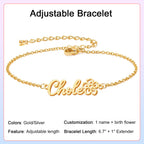 Elemtansy Custom Bracelet with Name and Birth Flower, Personalized Name Bracelets for Women, 18K Gold Plated Adjustable Charm Bracelet Personalized Birthday Gifts for Sister Mom