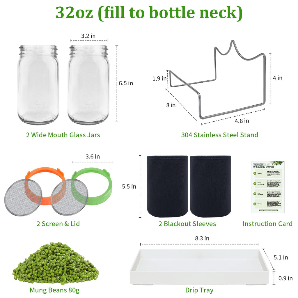 Seed Sprouting Jar Kit with Mung Beans 2.9oz, 2 Large Wide Mouth Mason Jars with Sprouting Lids, Blackout Sleeves, Drain Tray, Sprouts Growing Kit for Growing Bean, Alfalfa, Radish Sprout Seeds