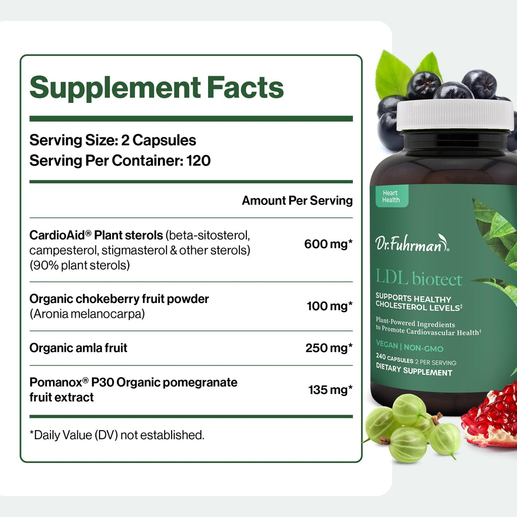 Dr. Fuhrman's LDL Biotect cholesterol lowering supplements | Wholefood & Organic Plant Sterol to help with High cholesterol | Organic pomegranate, amla & chokeberry extracts | 240 caps 60-day Supply