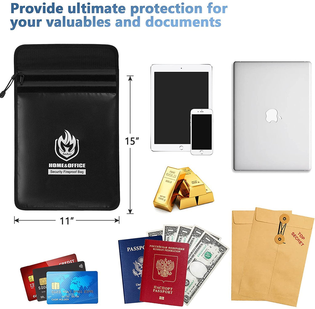 Upgraded Two Pockets Fireproof Document Bag (2000℉), andyer 15”x 11”Waterproof Fireproof Money Bag with Zipper, Waterproof Holder Pouch Fire Safe Envelope for Valuables, Legal Documents (Jet Black)