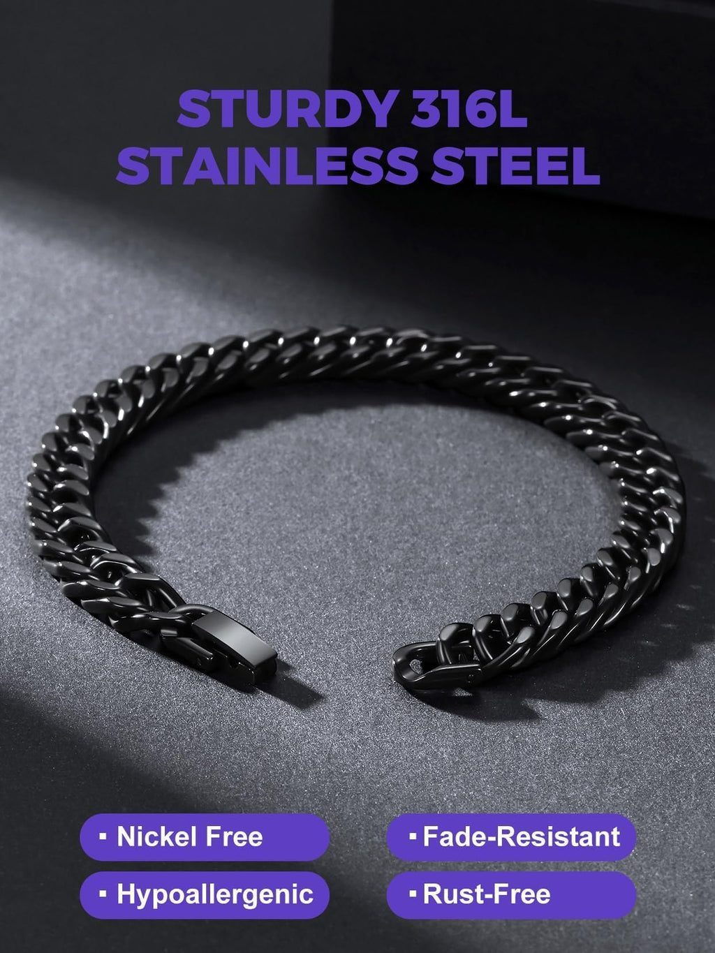 Richsteel Cuban Link Beacelet for Men,Black/8MM Width/7.4Inch Length