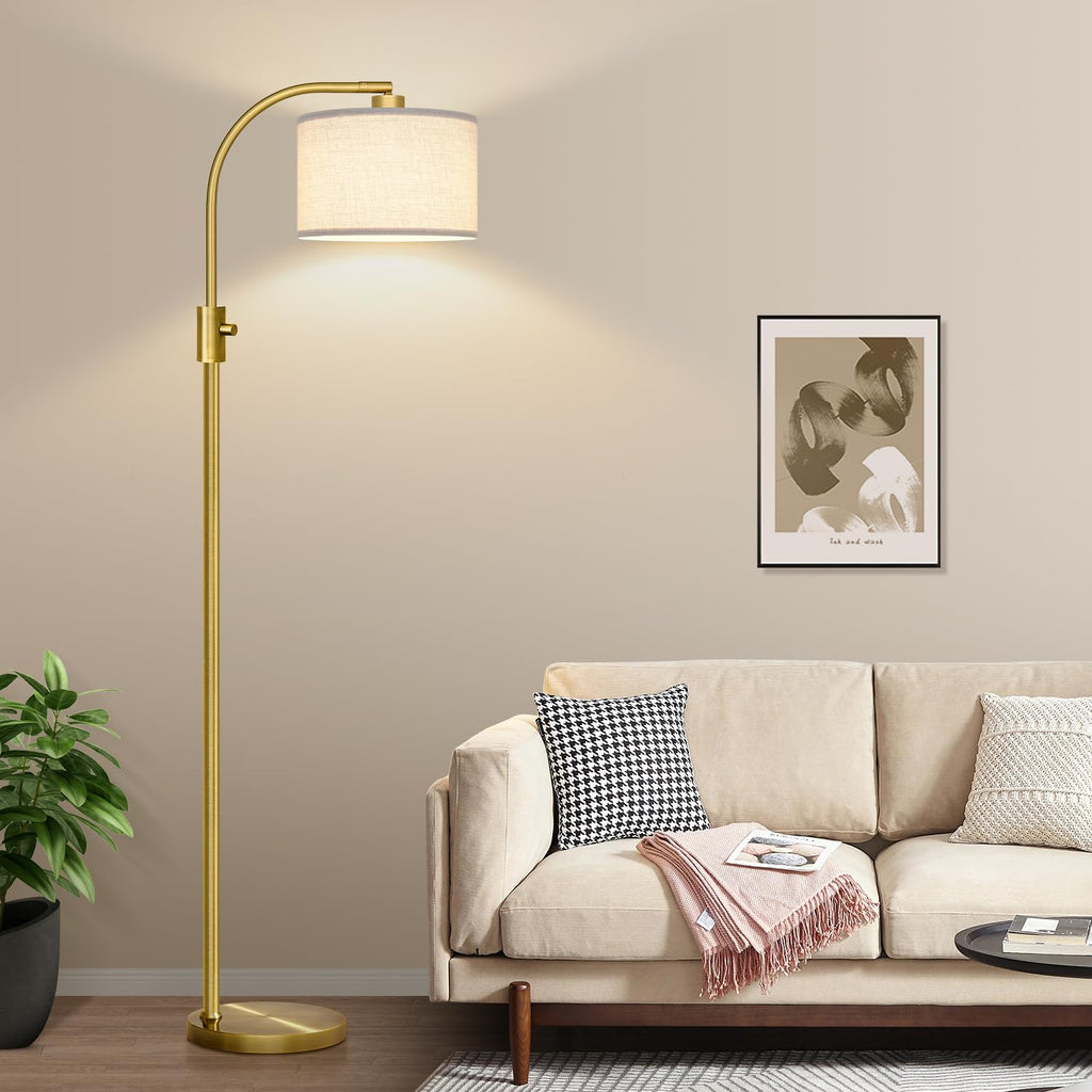 Nintiue Upgraded Modern Arc Dimmable Tall Standing Floor Lamp with Linen Shade, 1200 Lumens LED Bulb Included, for Living & Reading Room, Bedroom, Office & Nursery, Brass