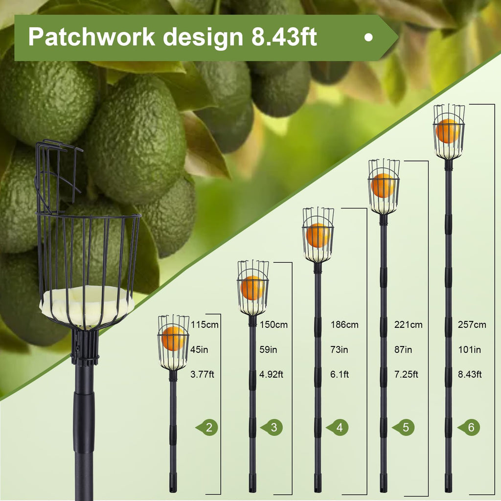 TwinkleTool Fruit Picker Pole with Basket - 8.43FT(101Inch) Adjustable Fruit Picker with Basket, Orange Picker, Fruit Picking Pole for Orange Apple Avocados Lemon, Black