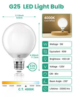 TJOY G25 LED Globe Light Bulbs, Vanity Light Bulb for Bathroom 40W Equivalent, 4000K Natural White E26 Base, Round Decorative Bulb for Vanity Makeup Mirror, CRI85+, 450LM, Non-Dimmable, UL, 4 Pack