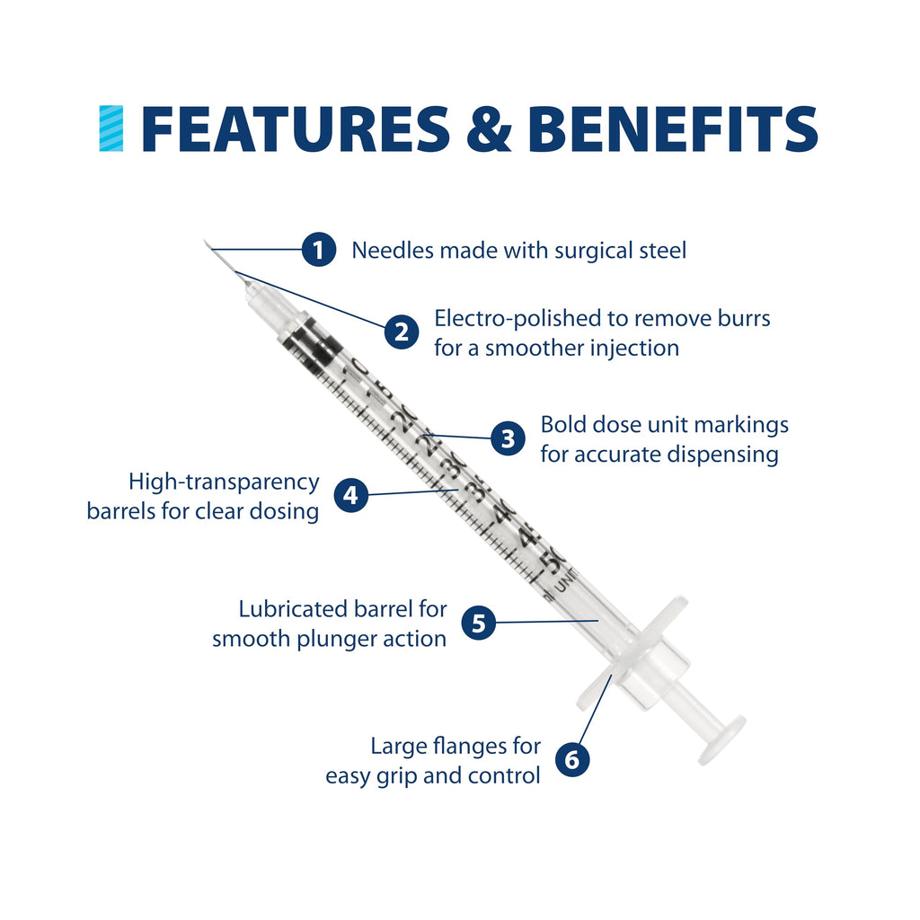 Easy Touch 30 Gauge U-100 Insulin Syringes (30G 0.5cc 5/16”) with 5/16” Short Needle, 0.5cc (50 Unit Capacity), Bold Markings for Accurate Dosing, Disposable, Box of 100