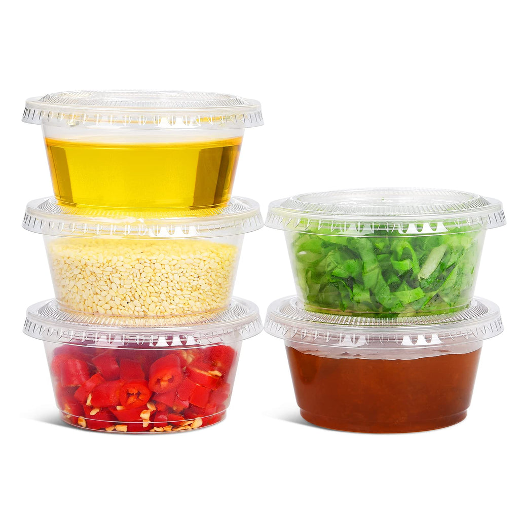EDI Clear Disposable Plastic Portion Cups with Leakproof Lids | Jello Shot & Condiment Cups | 3.25 OZ, 100 Sets | BPA Free & Recyclable