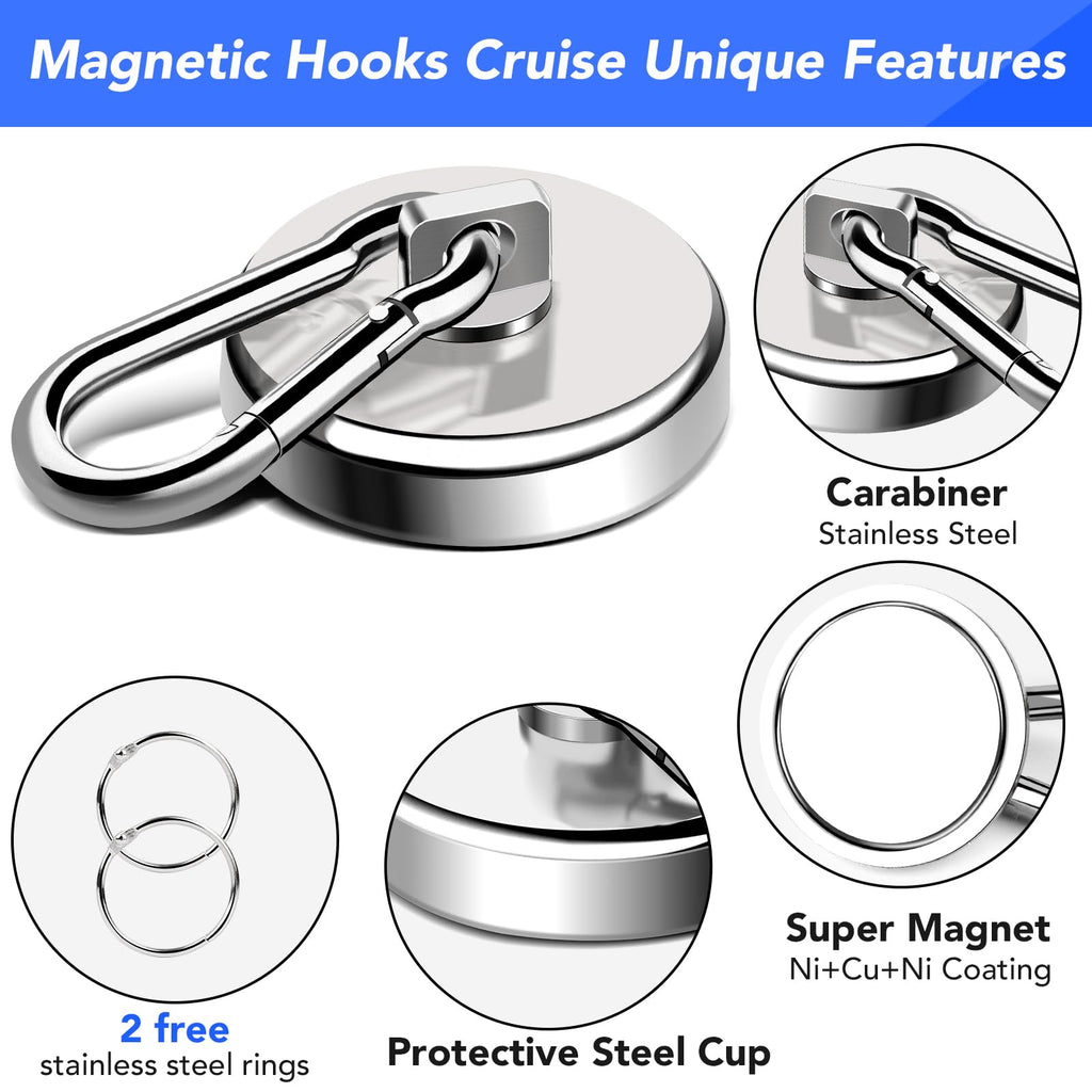 LOVIMAG Magnetic Hooks Heavy Duty, 200LBS+ Super Strong Magnetic Hooks Cruise, Powerful Neodymium Magnets Hook with Swivel Carabiner Hook for Hanging, Kitchen, Cruise Cabins, Grill, Tool Room-2 Pack