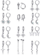 Hicarer 12 Pairs Dangle Huggie Hoop Earrings Star Moon Charms Set,Silver