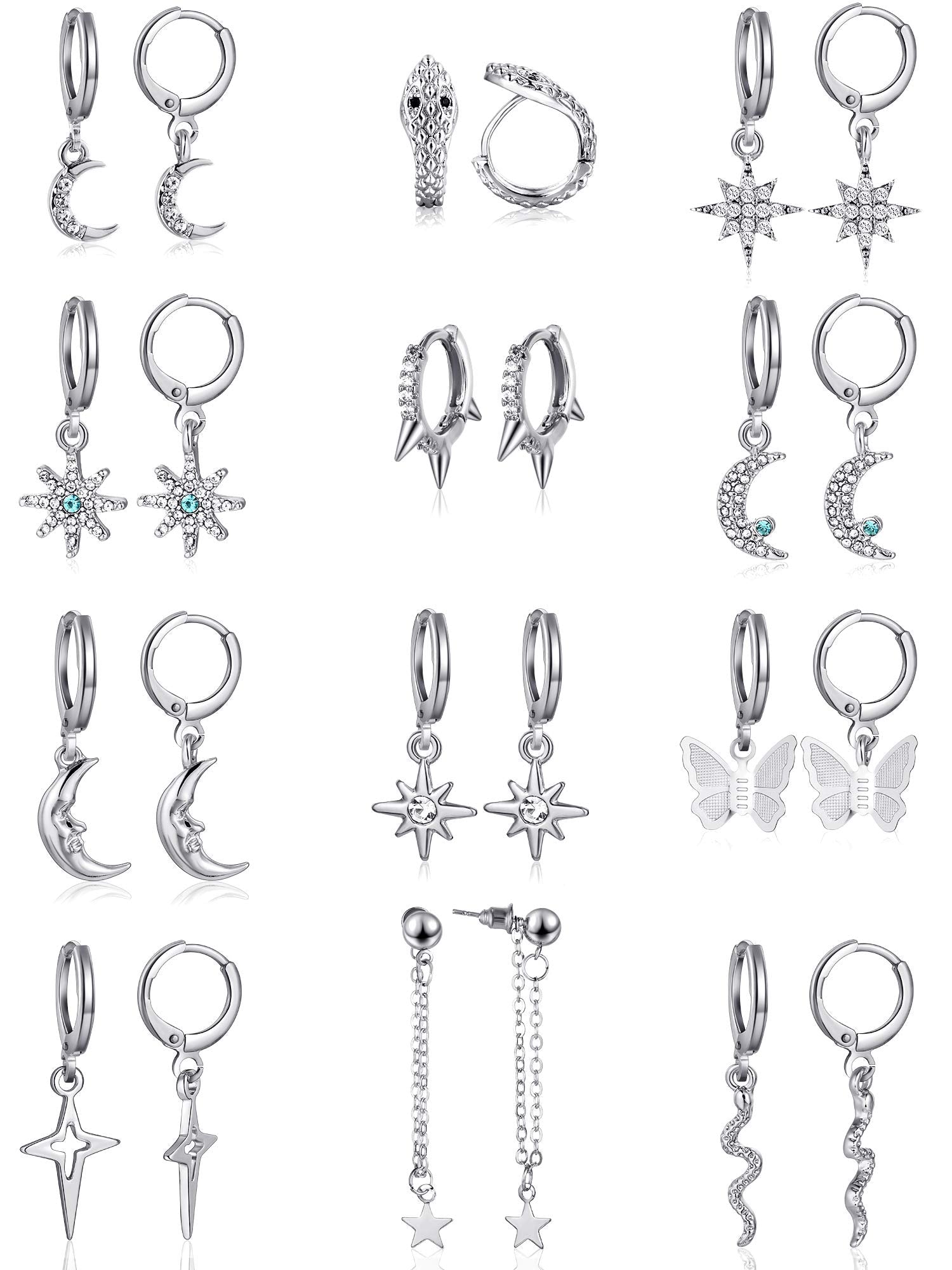 Hicarer 12 Pairs Dangle Huggie Hoop Earrings Star Moon Charms Set,Silver