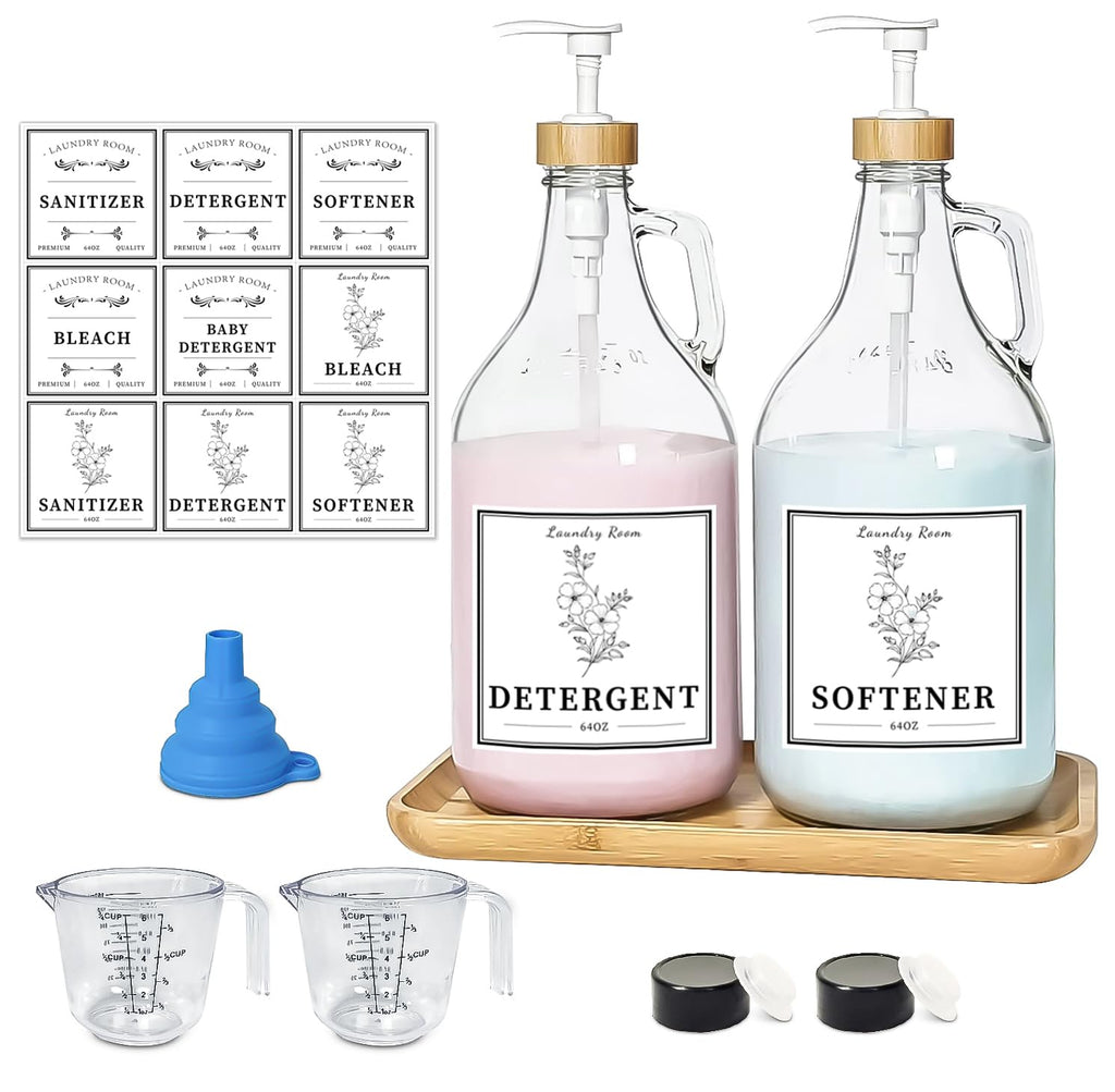 LIKAJON 2 Pcs Glass Laundry Detergent Dispenser Bottle, 64 oz