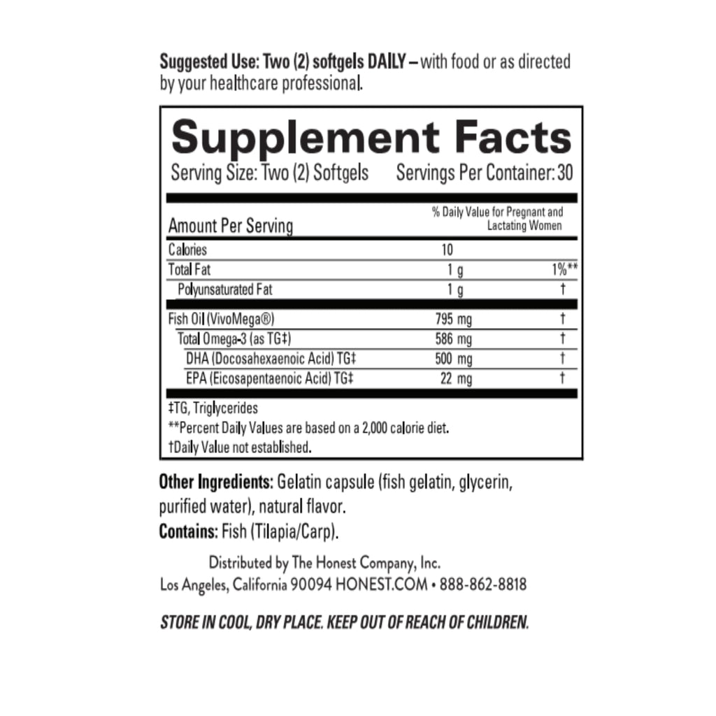 The Honest Company Think Ahead Pre Postnatal DHA Supplement, NSF Certified Non GMO Multivitamin, 60 Count Softgels