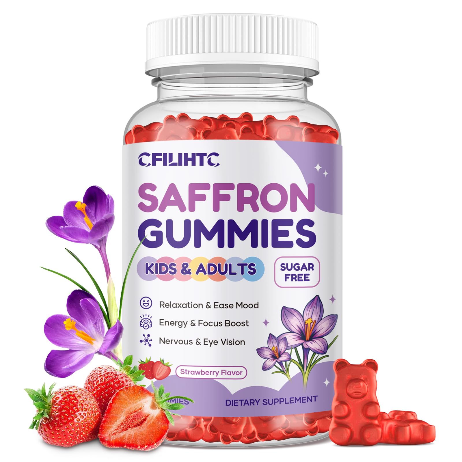 Saffron Gummies for Kids & Adults, 20-in-1 Saffron Supplements with 88.5mg Saffron Extract, B6, B12, C, D3, Magnesium for Calm, Focus, Nerve, Sugar Free, Vegan, Non-GMO - Strawberry Flavor, 60 Counts