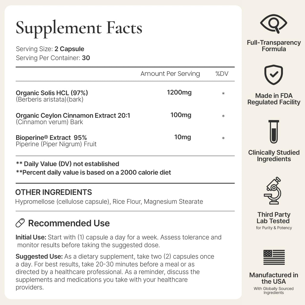 ACEWORKZ Organic Berberine HCL 1200mg with Ceylon Cinnamon & BioPerine® Enhanced Absorption - Metabolic Health Support (60 Capsules)