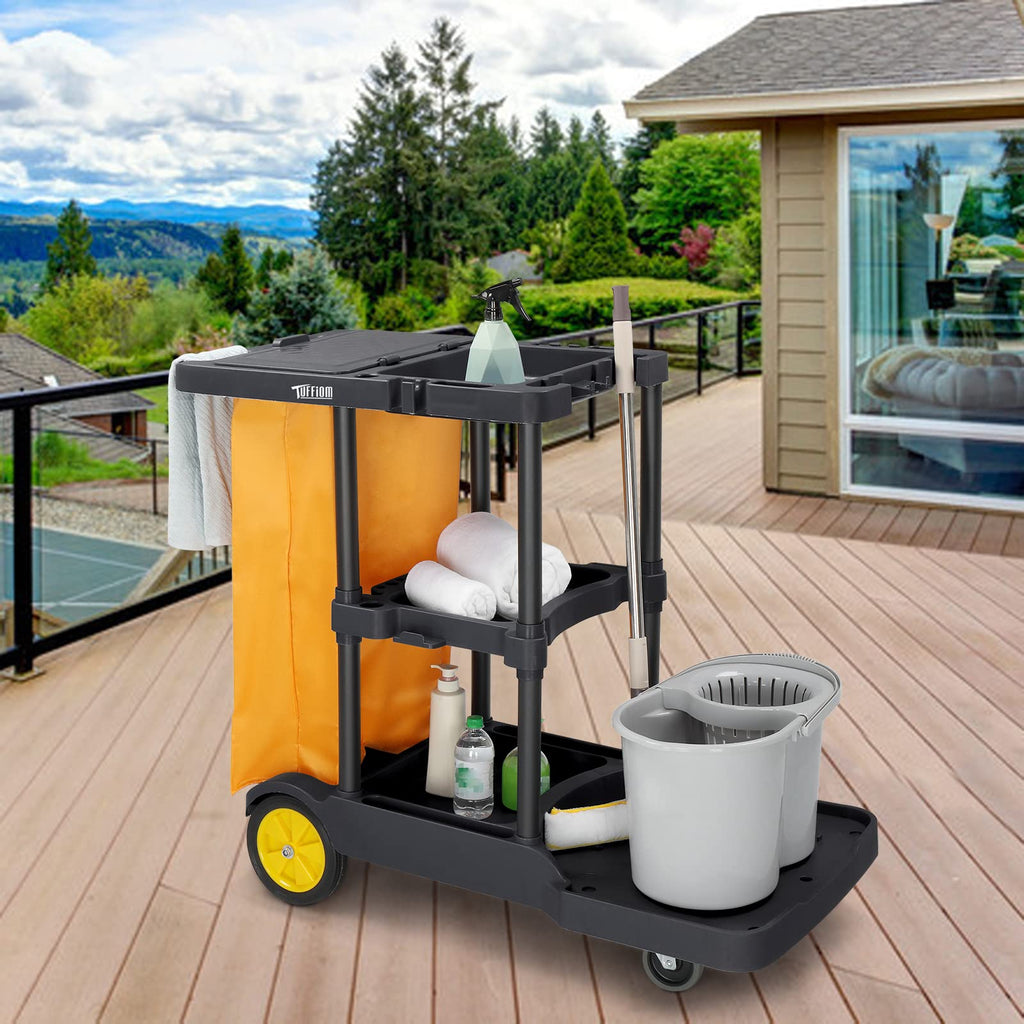 TUFFIOM Extra Large Commercial Traditional Cleaning Janitorial 3-Shelf Cart, 500 Lbs Capacity Housekeeping Cart, 42.5" L x 18.7" W x 37.6" H, Wheeled with 22 Gallon Yellow VinylBag Cover w Lid, Black