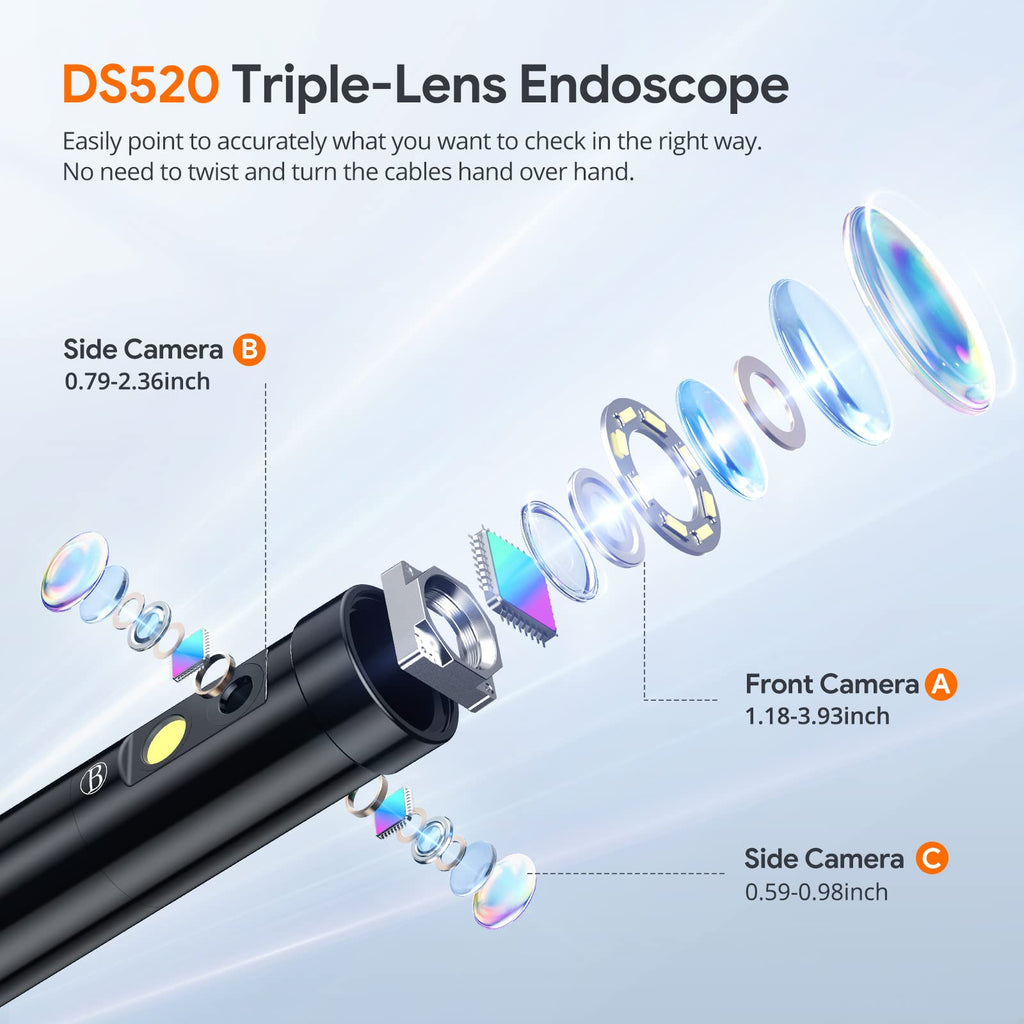 Triple Lens Endoscope Camera with Light, DEPSTECH 5" IPS Screen Endoscope Camera, 1080P Sewer Camera & Split Screen, 180° Rotation, IP67 Snake Cable, 8 Lights, Gadget for Automotive Mechanical Repair