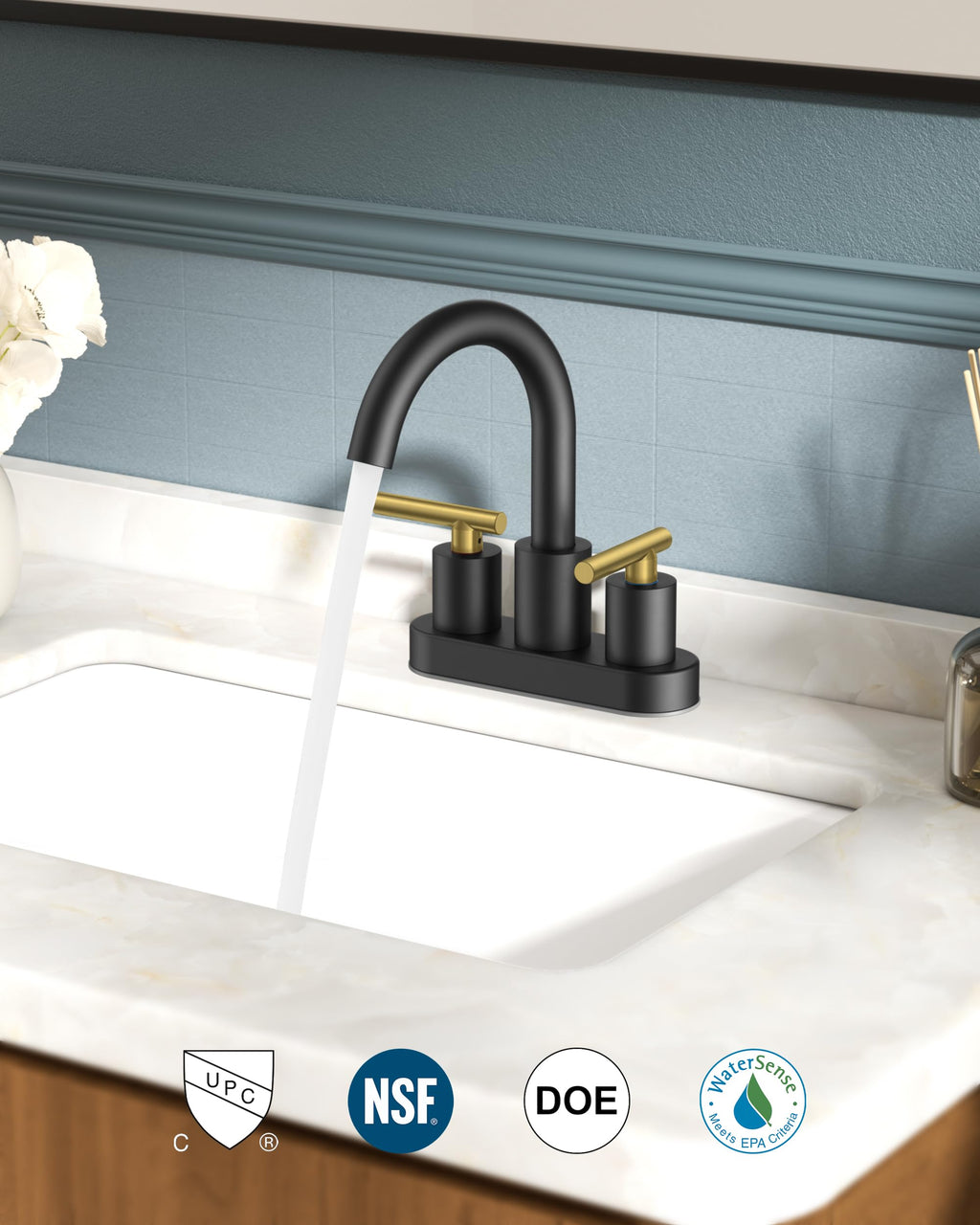 FORIOUS 4 in Black and Gold Bathroom Faucet Centerset, 2 Handle Matte Black Swivel Faucet for Bathroom Sink 2 or 3 Hole with Pop up Drain and cUPC Supply Hose, Suitable for Vanity RV Restroom