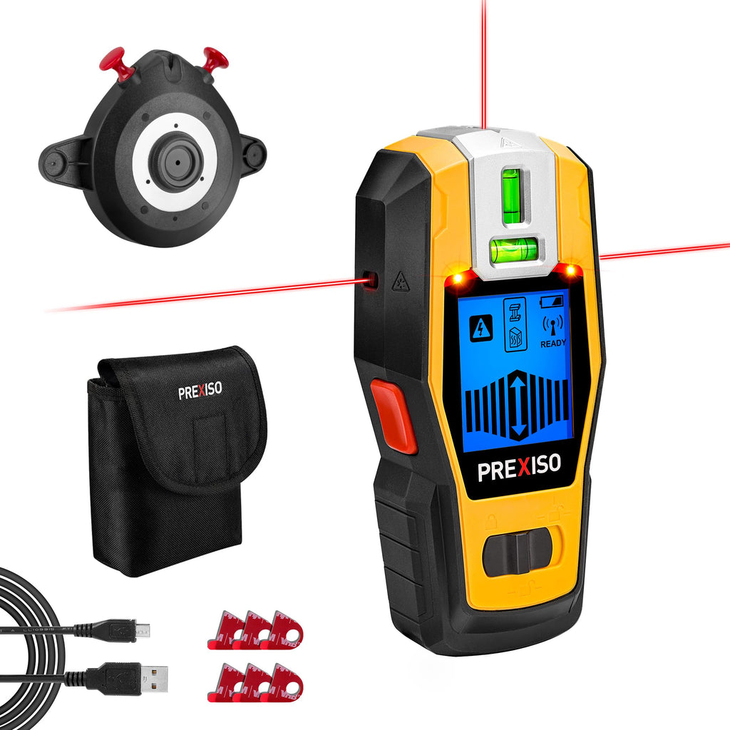 PREXISO 2-in-1 Stud Finder with Laser Level, Rechargeable Multi Surface Cross Line Laser & Wall Stud Scanners Tool for Hanging Frames & Picture, Wood Ac Wire Metal Studs Pipe Detection Gift for Dad