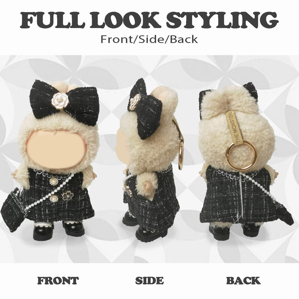 Clothes Compatible with LABUBU Doll – 4PCS Black Tweed Dress Set, 17cm Doll Clothes Designer Outfit for Classic Dinner Party Theme, Stylish Accessories for Labubu, No Doll (Midnight Tweed Charm)