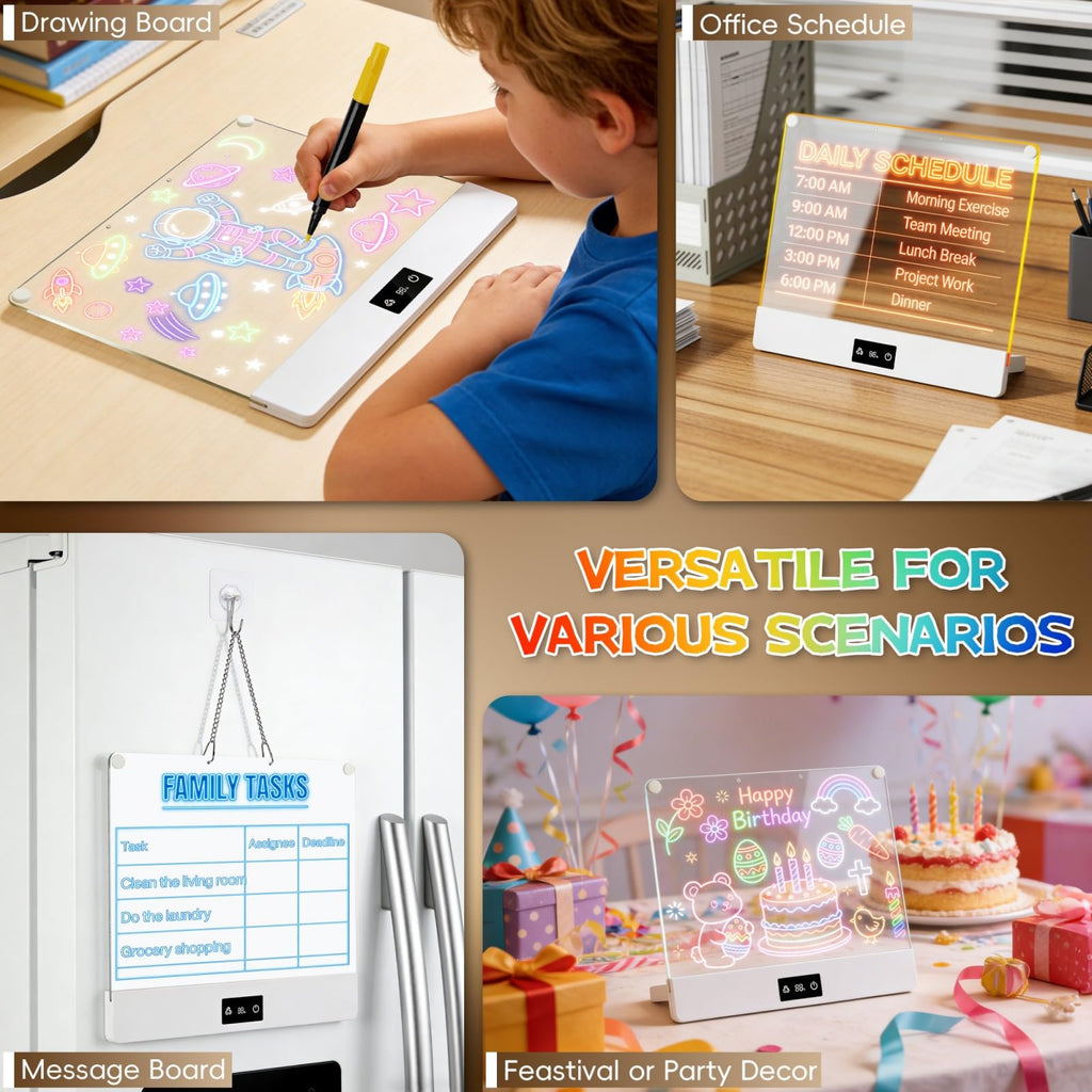 LED Drawing Board for Kid - Rechargeable 14" Doodle Glow Neon Art Note Boards, Holiday Birthday Gifts Toy for Kids Girls Boys Teens, Light Up Acrylic Dry Erase Message Note Writing Pad with 7 Markers