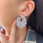 CWWZircons Luxury Cubic Zirconia Dangle Drop Big Earrings, Silver Plated, Clear Crystal Leaf Design, Wedding Bridal Party Statement Jewelry
