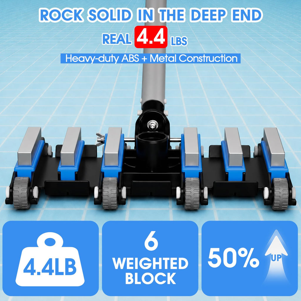 Commercial-Grade 4.4 LB Weighted Pool Vacuum Head & Swivel Handle - Lab-Tuned Brush,Debris Guide & Vinyl-Safe Wheels for High-Efficiency Cleaning,Inground & Above Ground Swimming Pools –Blue