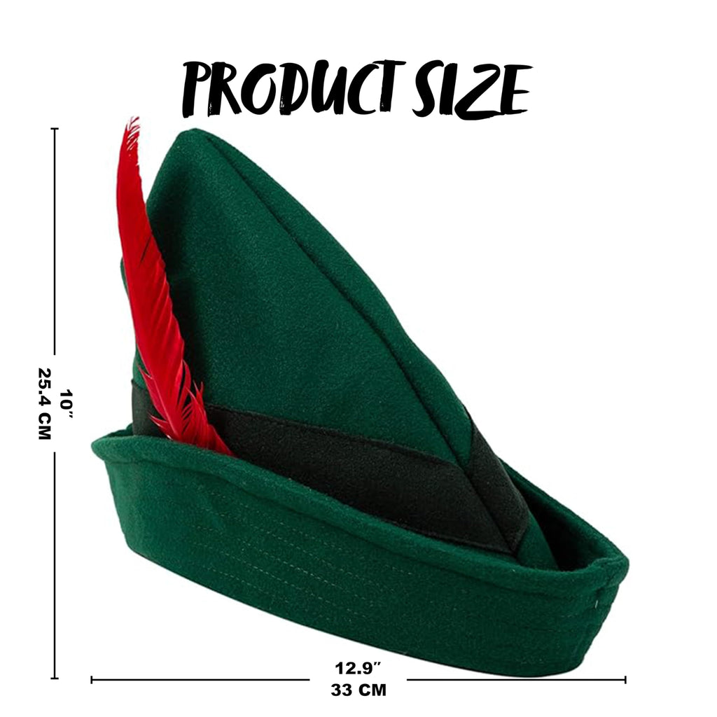 Spooktacular Creations Felt Robin Hood Hats with Feather, Alpine German Hat, Green Tyrolean Costume Accessory for Halloween Dress Up Party Favor, One Size Fits all for Adult