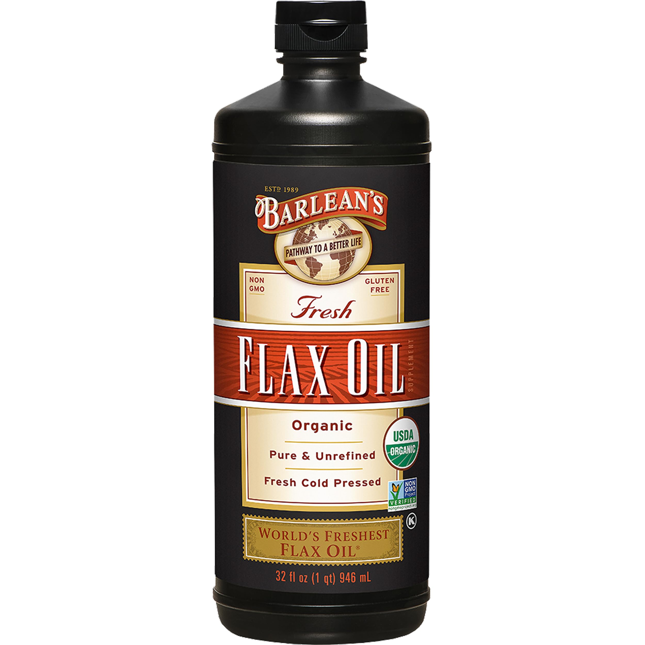Barlean's Organic Flaxseed Oil Liquid Supplement, Cold Pressed, 7,640mg ALA Omega-3 per Tbsp, Vegan and Gluten Free, 32 oz