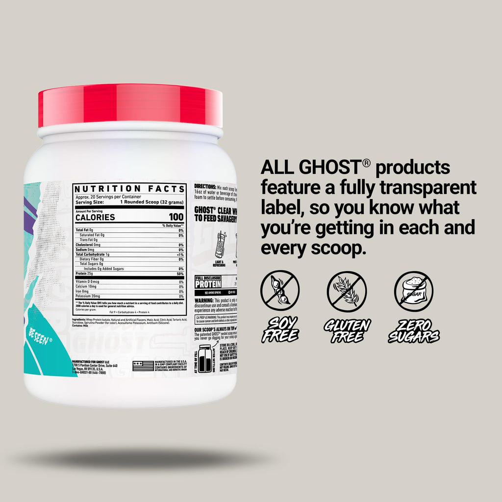 GHOST Clear Whey Isolate Protein Powder, Blue Raspberry - 1.4 LB Tub, 25G of Whey Protein - Post Workout Drink for Muscle Gain & Recovery – Sugar Free, Soy Free & Zero Fat, 20 Servings