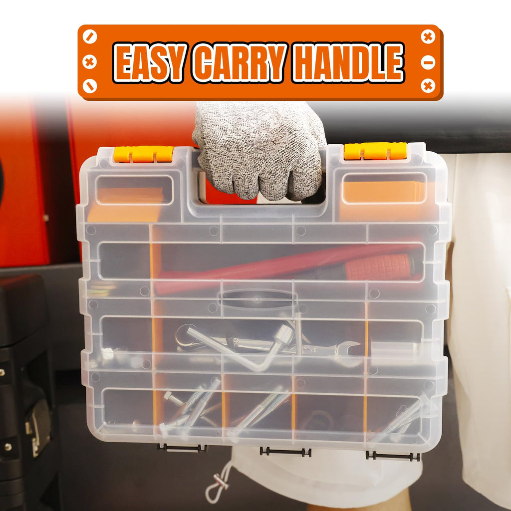 Jack Boss Tool Box with Transparent Lid, Double Side 34-Compartments Organizer Box with Removable Dividers for Hardware, Screws, Bolts, Nails, Beads, Jewelry and Fishing Accessories, Orange, 1 Pack
