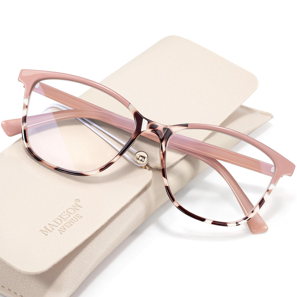 Madison Avenue Square Vintage TR90 Blue Light Blocking Reading Glasses for Women with Case, Anti Glare/Eyestrain Computer Readers Pink Demi +1.75
