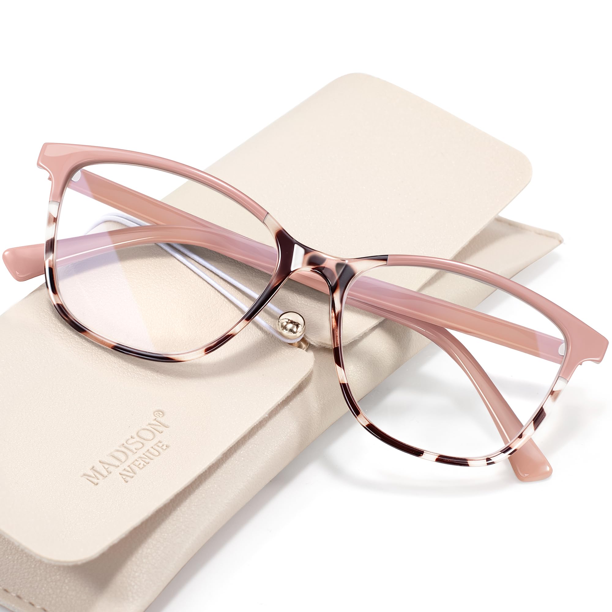 Madison Avenue Square Vintage TR90 Blue Light Blocking Reading Glasses for Women with Case, Anti Glare/Eyestrain Computer Readers Pink Demi +1.75