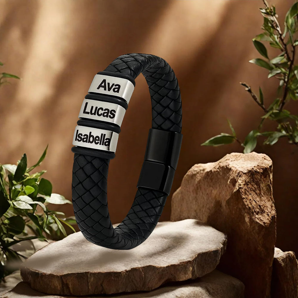 Tina&Co Personalized Men's Bracelet with 0–6 Name Beads – Black Braided Leather, Adjustable Sizes, Custom Gift for Dad, Husband, Son, Boyfriend