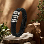 Tina&Co Personalized Men's Bracelet with 0–6 Name Beads – Black Braided Leather, Adjustable Sizes, Custom Gift for Dad, Husband, Son, Boyfriend