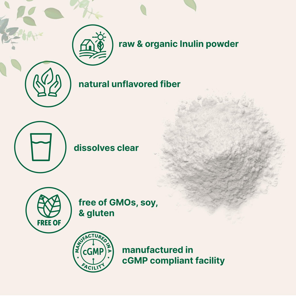 Micro Ingredients Organic Inulin FOS Fiber Powder, 1.1 lb | Quick Water-Soluble Prebiotic | Natural Unflavored Fiber for Yogurt, Smoothies, & Drinks | Vegan Friendly, Dissolves Clear, Non-GMO