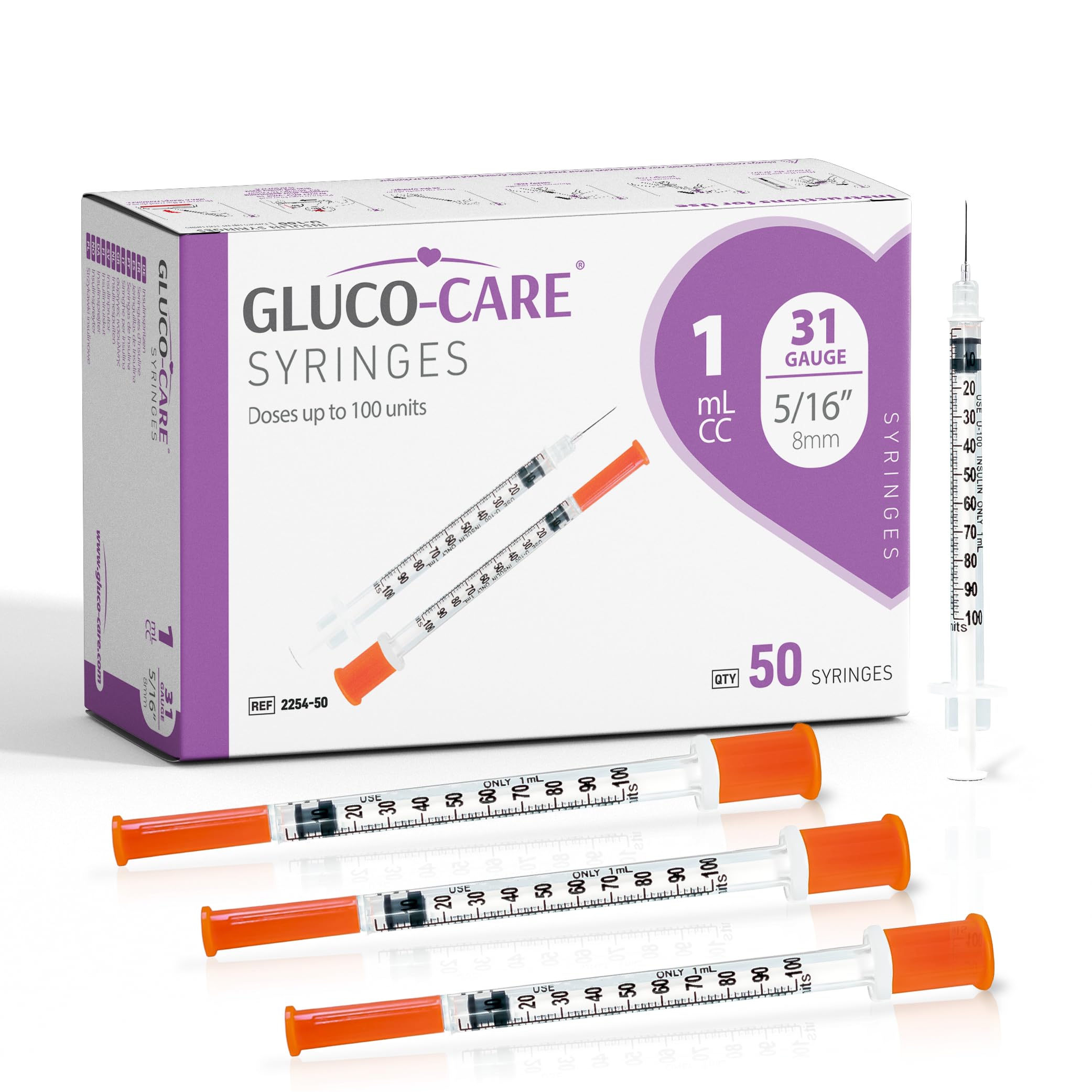 GLUCO-CARE 1ml /cc Syringes 31G x 5/16’’ (8mm), Orange Cap, Box of 50 pcs