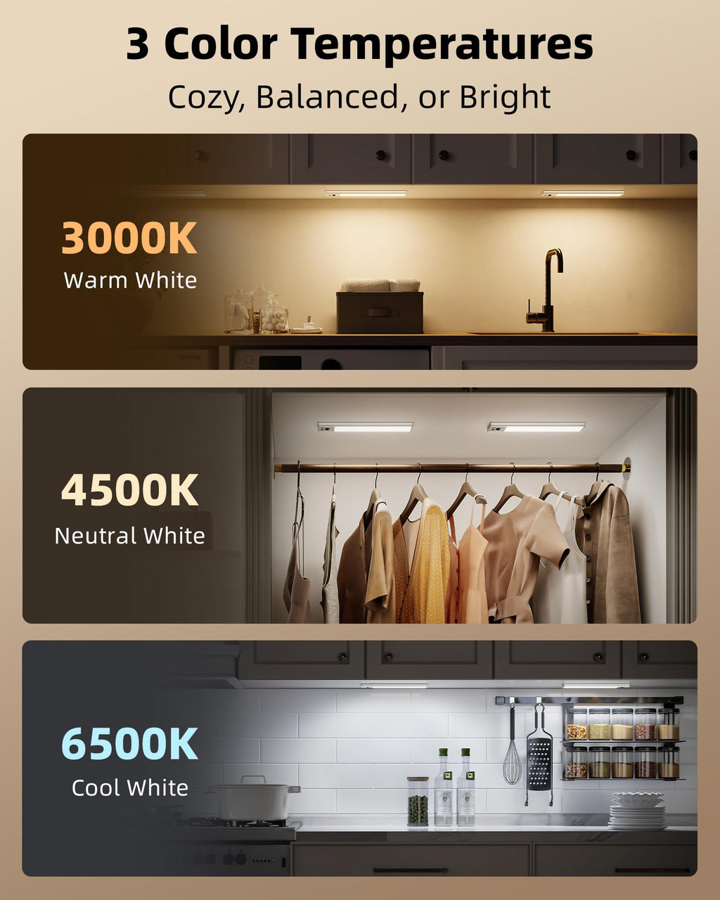 EZVALO 3-Pack 10inch Under Cabinet Lighting with Remote, 2400mAh Rechargeable Motion Sensor Lights, Magnetic Dimmable Closet Light, Timer, 3 Color Temps Wireless Lights for Kitchen, Pantry, Stair
