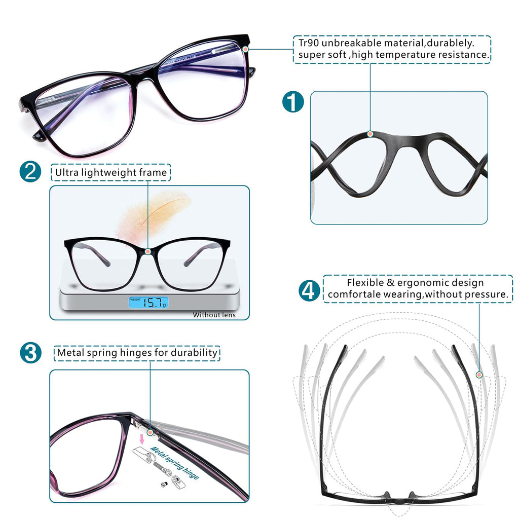 Distance Nearsighted Glasses for Women,Near Sighted Vision Driving Farsighted Eyeglasses,Oversized Nearsight See Far Away Sight Blue Light Computer Eye Glass,Fashion Cat-eye Farsighted TR90 Frame 2.0