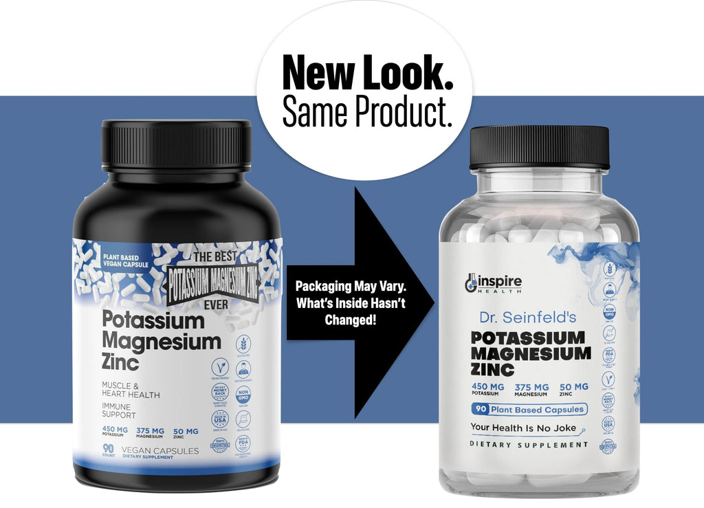 Magnesium Potassium Supplements w/Zinc - 90 Capsules - Magnesium Potassium Zinc for Vascular Health – High Absorption Vegan Supplement for Leg Cramps & Sleep Dr Seinfeld